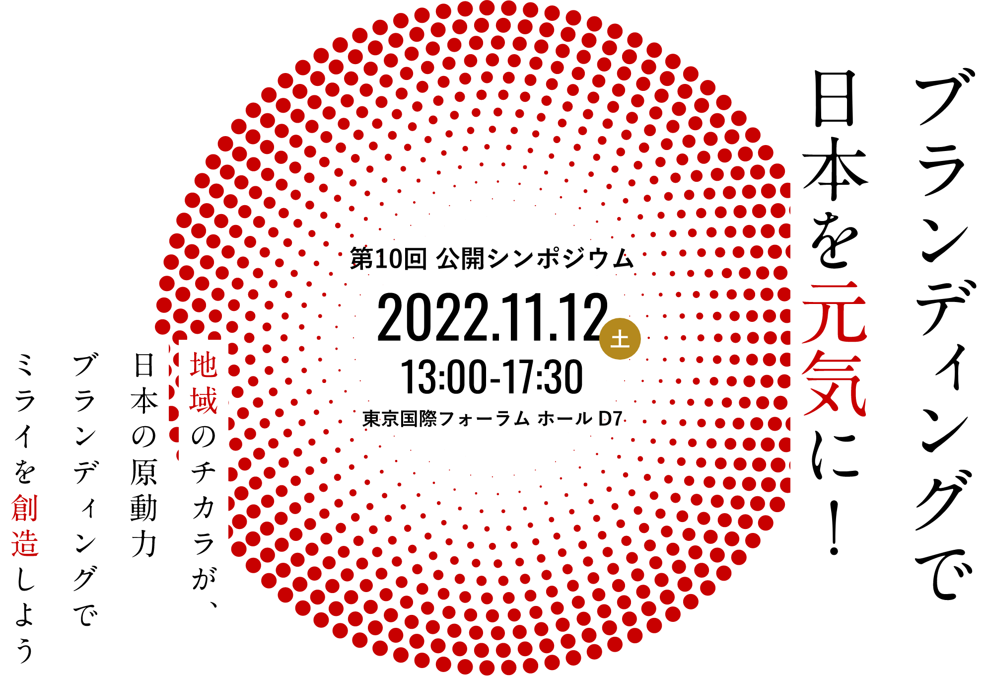 第10回 公開シンポジウム 2022.11.12土 13:00～17:00 東京国際フォーラム ホール D7 ブランディングで日本を元気に！ 地域の力が、日本の原動力ブランディングで未来を創造しよう